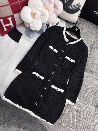 Chanel 22C Black and White Woven Camellia Button-Down Dress
