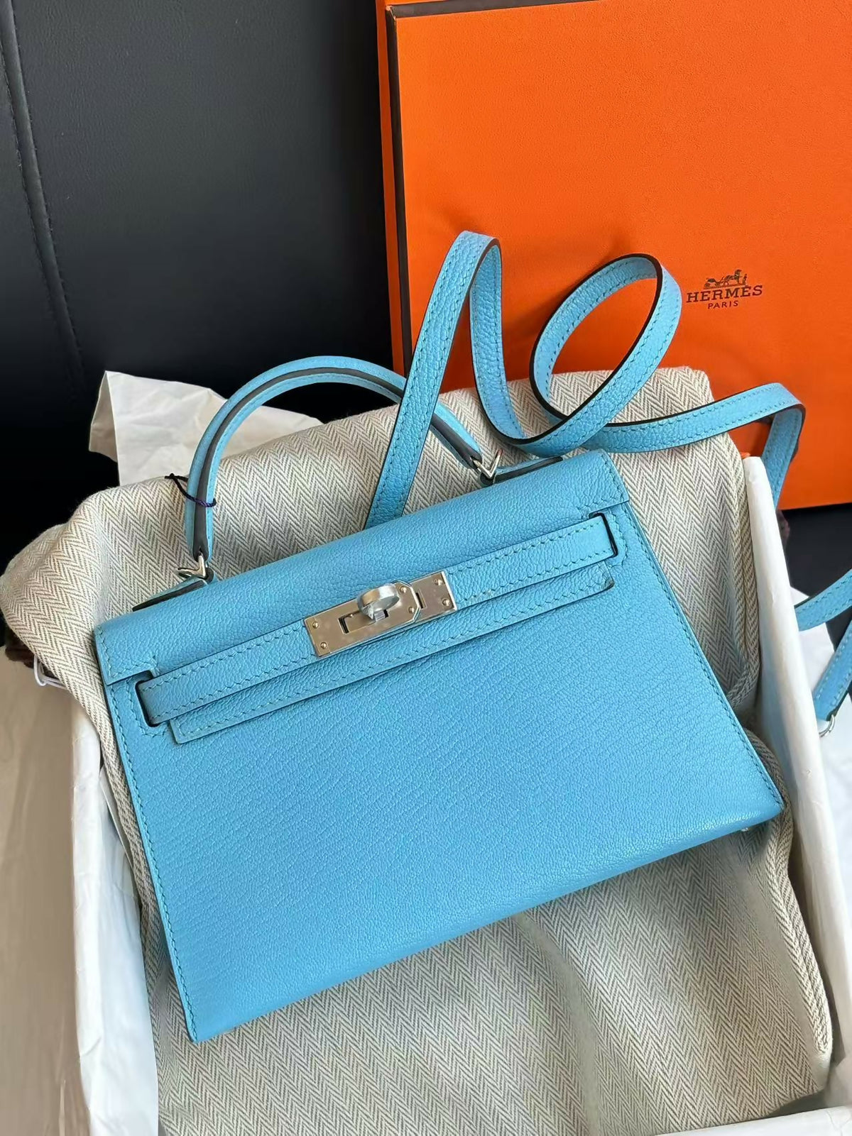 Hermès Mini Kelly 20 Candy Blue Agneau Leather with Palladium Hardware