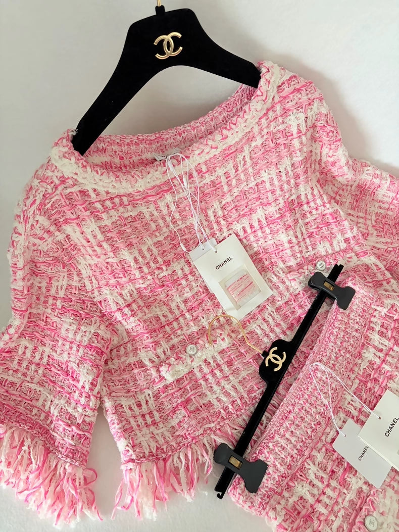 Chanel 24P Pink Fringe jacket Skirt set