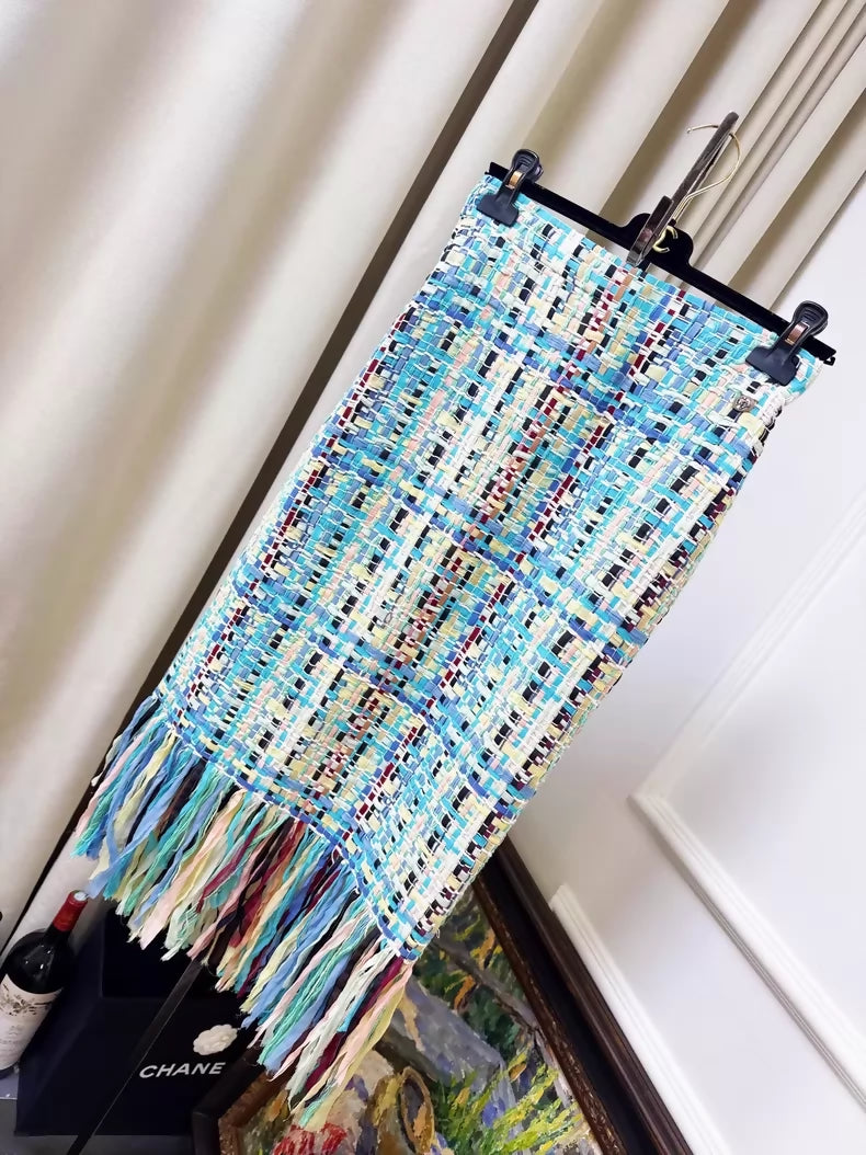 Chanel 17C Blue and Yellow Tweed Fringed Midi Skirt