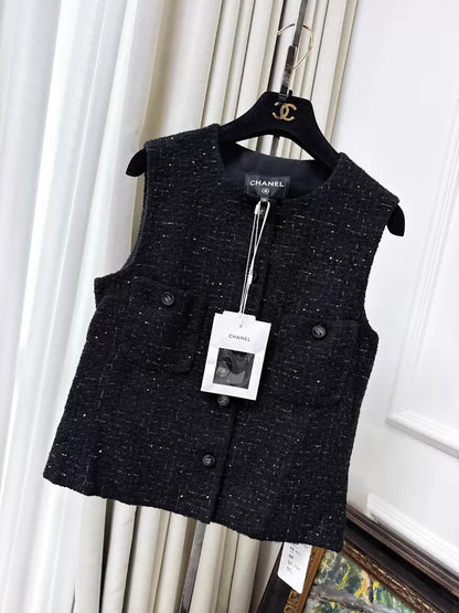 Chanel 24B black tweed vest with fine embroidery and sequins