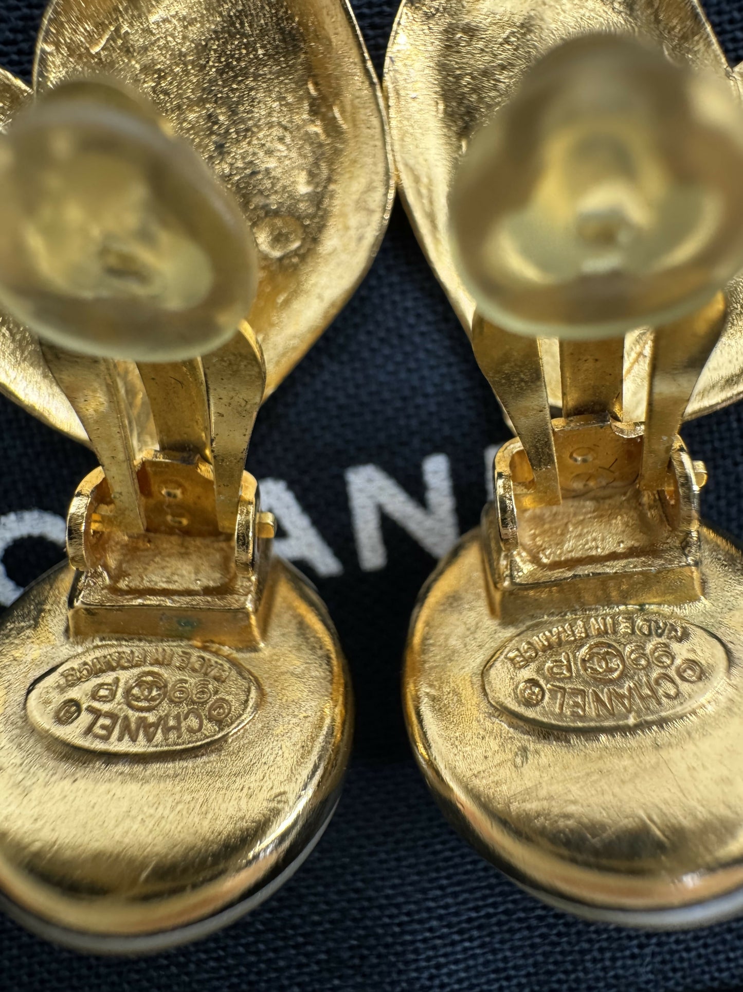 Chanel Vintage 99P Imitation Pearl Gold Leaf-Shaped Pendant Earrings
