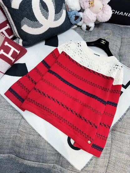 Chanel 21C Red Striped and White Cashmere Sweater