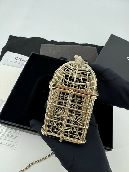 Chanel 2025 Rhinestone and Metal Embellishments Light Gold Birdcage Minaudière Bag