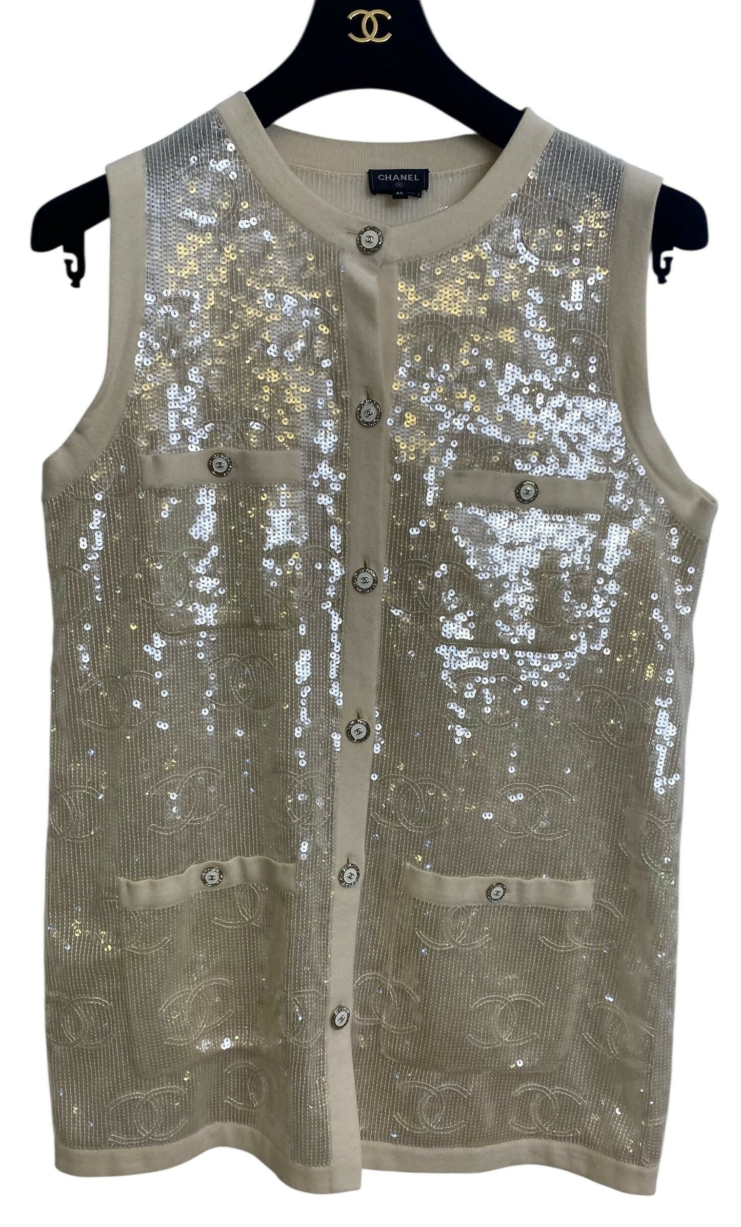 Rare Chanel 22S CC Sequin Cream Iridescent Vest Mini Dress Waistcoat Cardigan FR 40