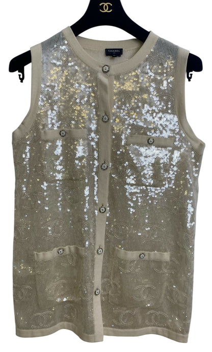 Rare Chanel 22S CC Sequin Cream Iridescent Vest Mini Dress Waistcoat Cardigan FR 40