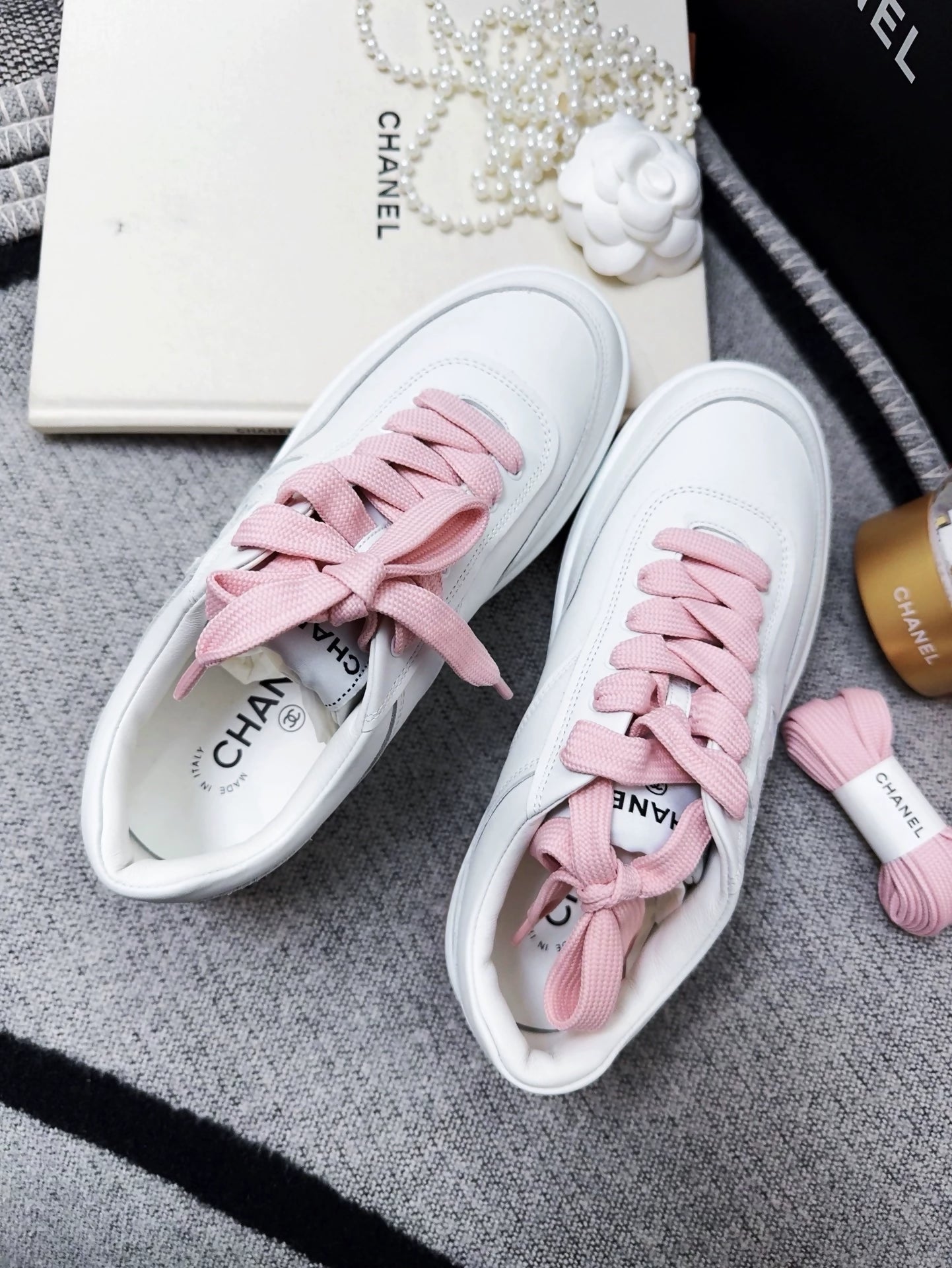 Chanel 24p pink white sneakers