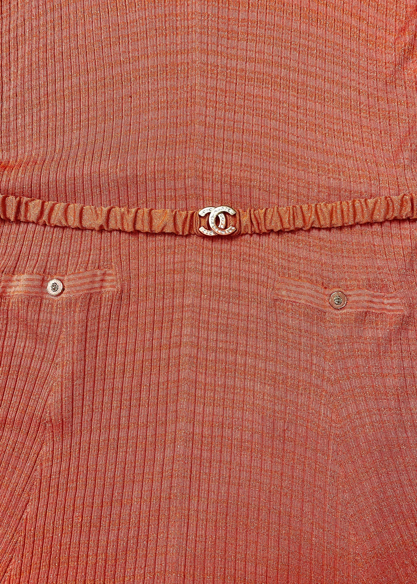 CHANEL 22P PINK CORAL ORANGE RIBBED METALLIC LUREX COLLARED MAXI DRESS FR 46