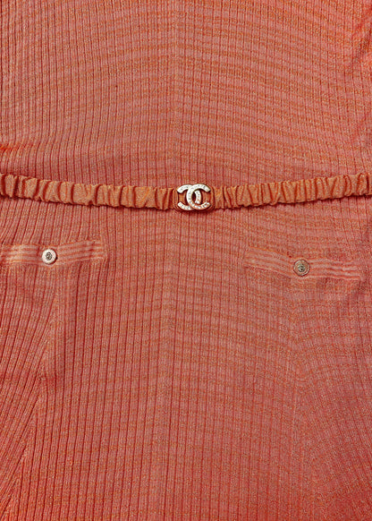 CHANEL 22P PINK CORAL ORANGE RIBBED METALLIC LUREX COLLARED MAXI DRESS FR 46