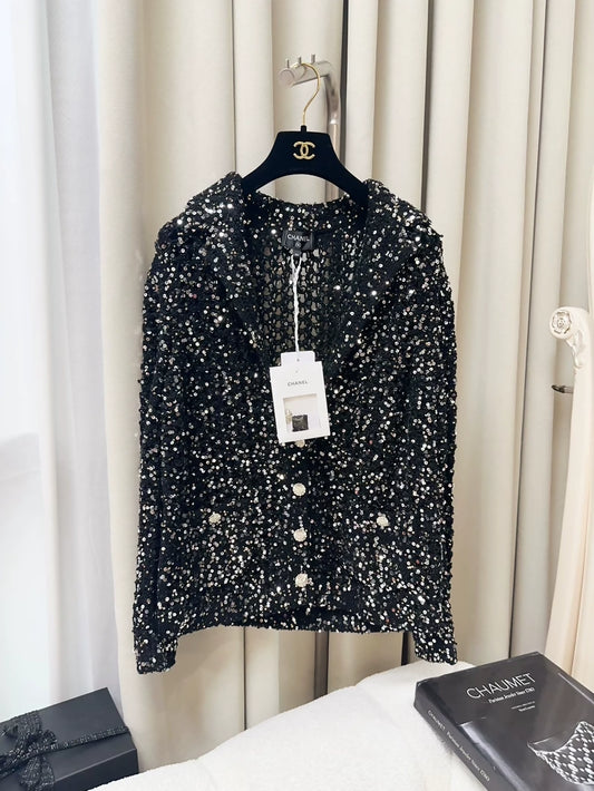 Chanel 23C black sequined cardigan