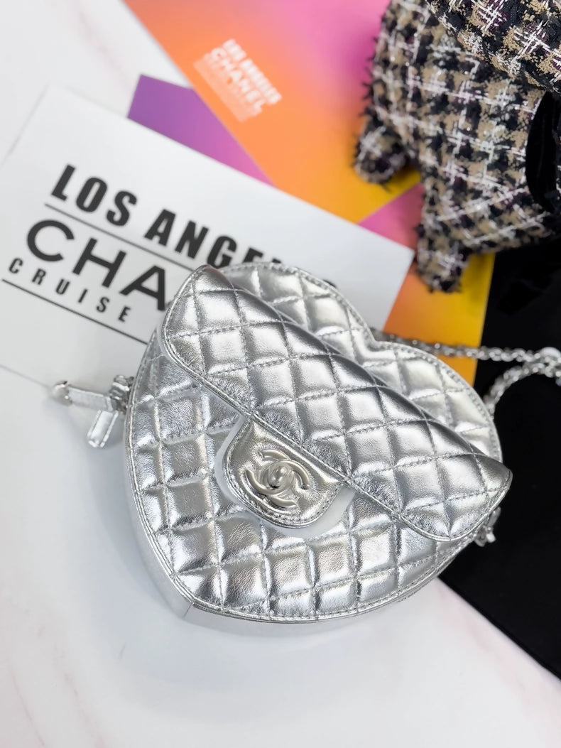 Chanel 25b silver metallicheart-shaped bag