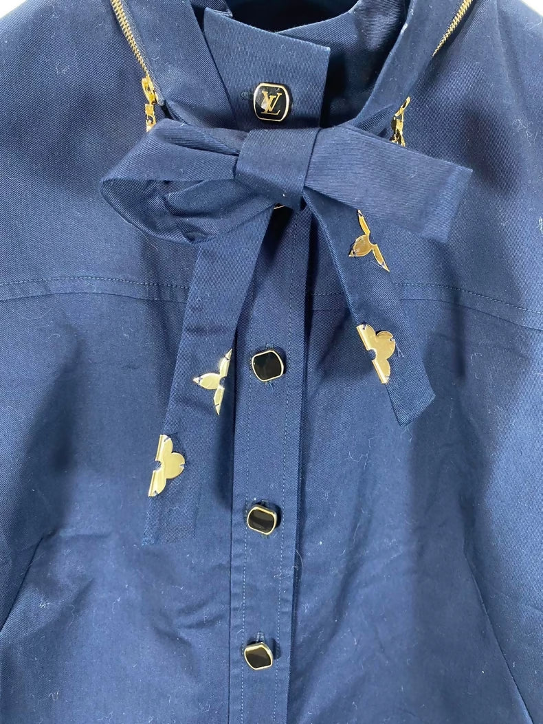 Louis Vuitton dark blue metallic logo ribbon top