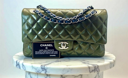 Chanel Medium Double Flap Green Straited Patent Leather Timeless Classic Bag SHW