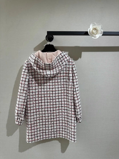 Chanel 24S tweed pink and white check hooded jacket