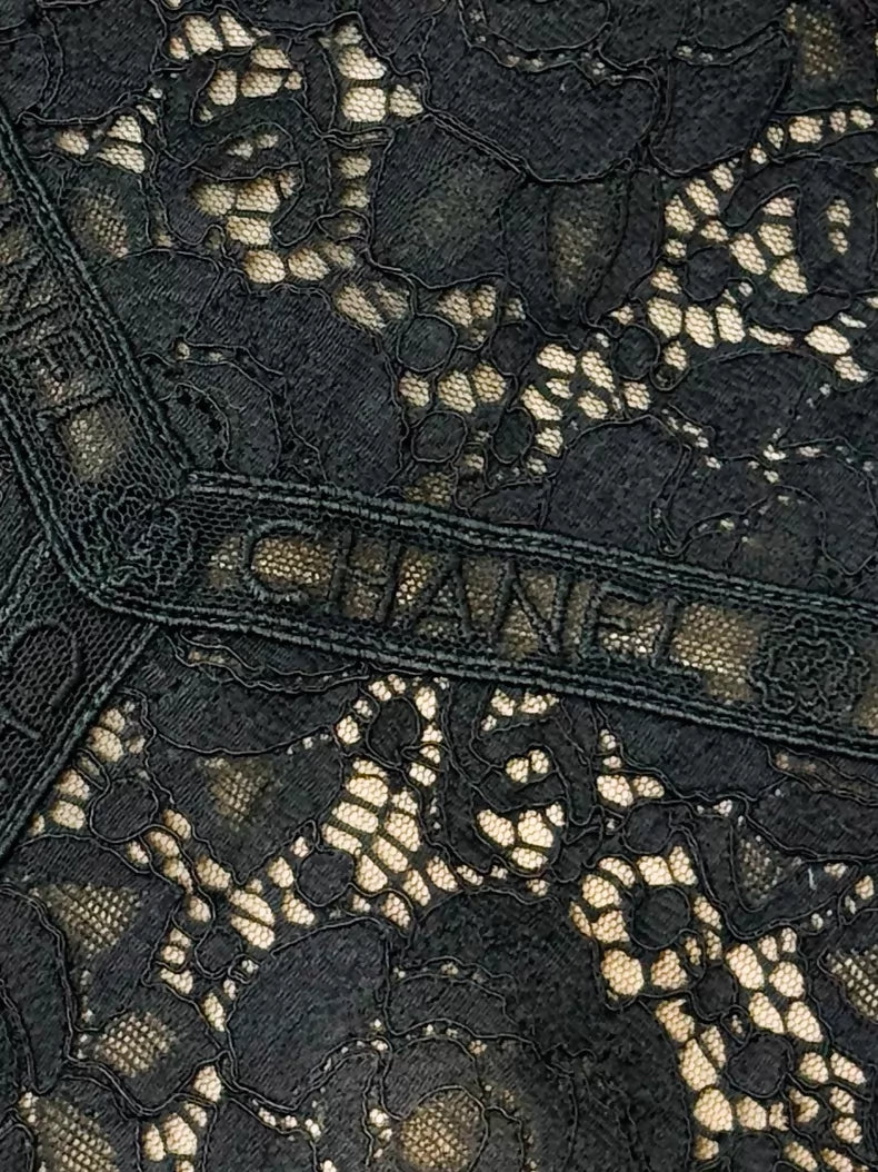 Chanel 25B black lace crochet logo embroidered long dress
