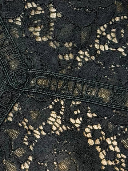 Chanel 25B black lace crochet logo embroidered long dress