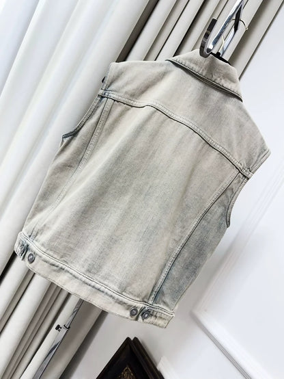 Dior cement grey washed distressed collar sleeveless denim jacket/vest