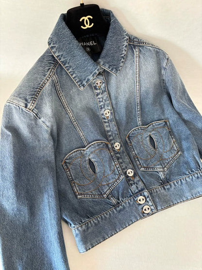 Chanel 24P Heart-shaped Double C Pocket Rhinestone Button Denim Jacket