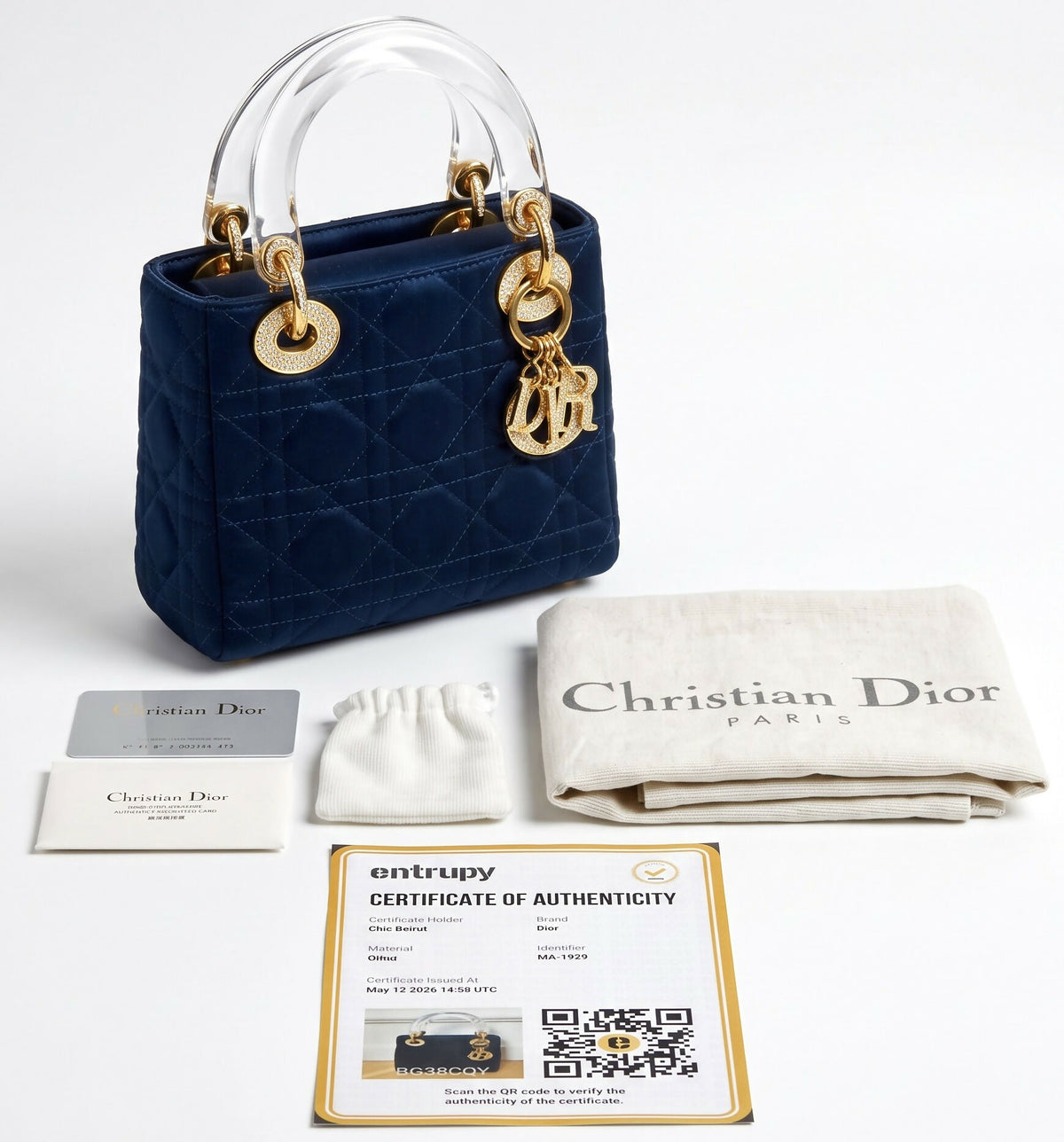 Dior Mini Lady Dior Navy Blue Gold Crystals Lucite Silk Handbag