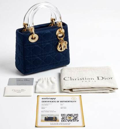 Dior Mini Lady Dior Navy Blue Gold Crystals Lucite Silk Handbag
