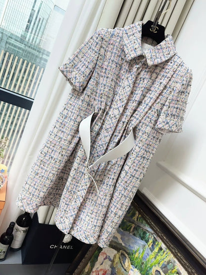 Chanel 19C dress in pink and blue tweed with gold thread