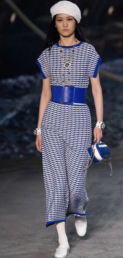 Chanel 19C La Pausa CC Wave Stripe Blue White Polo Shirt FR 36