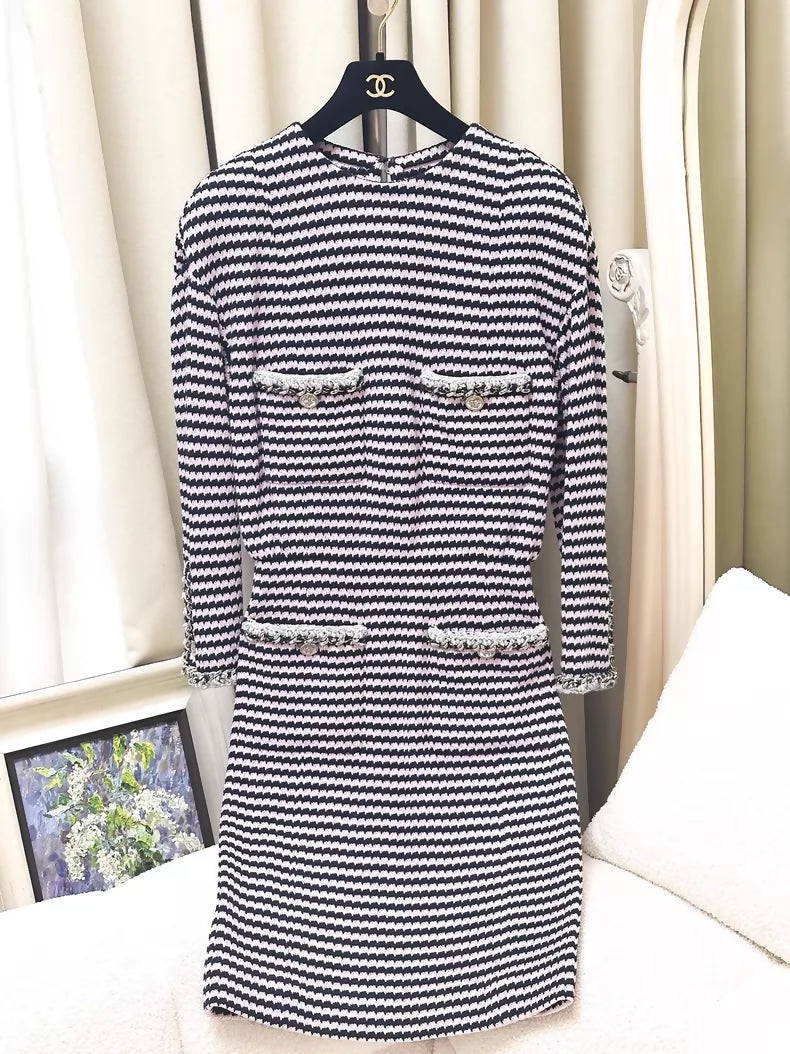 Chanel 21S pink and black striped leather-trimmed dress with chain