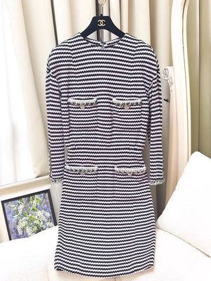 Chanel 21S pink and black striped leather-trimmed dress with chain