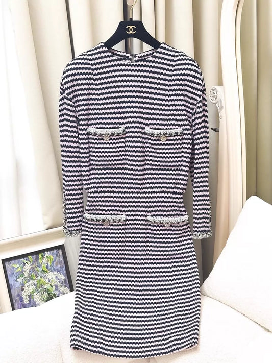 Chanel 21S pink and black striped leather-trimmed dress with chain