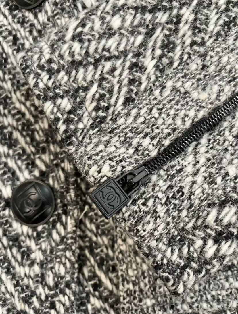 Chanel 08A Grey Herringbone Wool Utility Coat Jacket FR 38