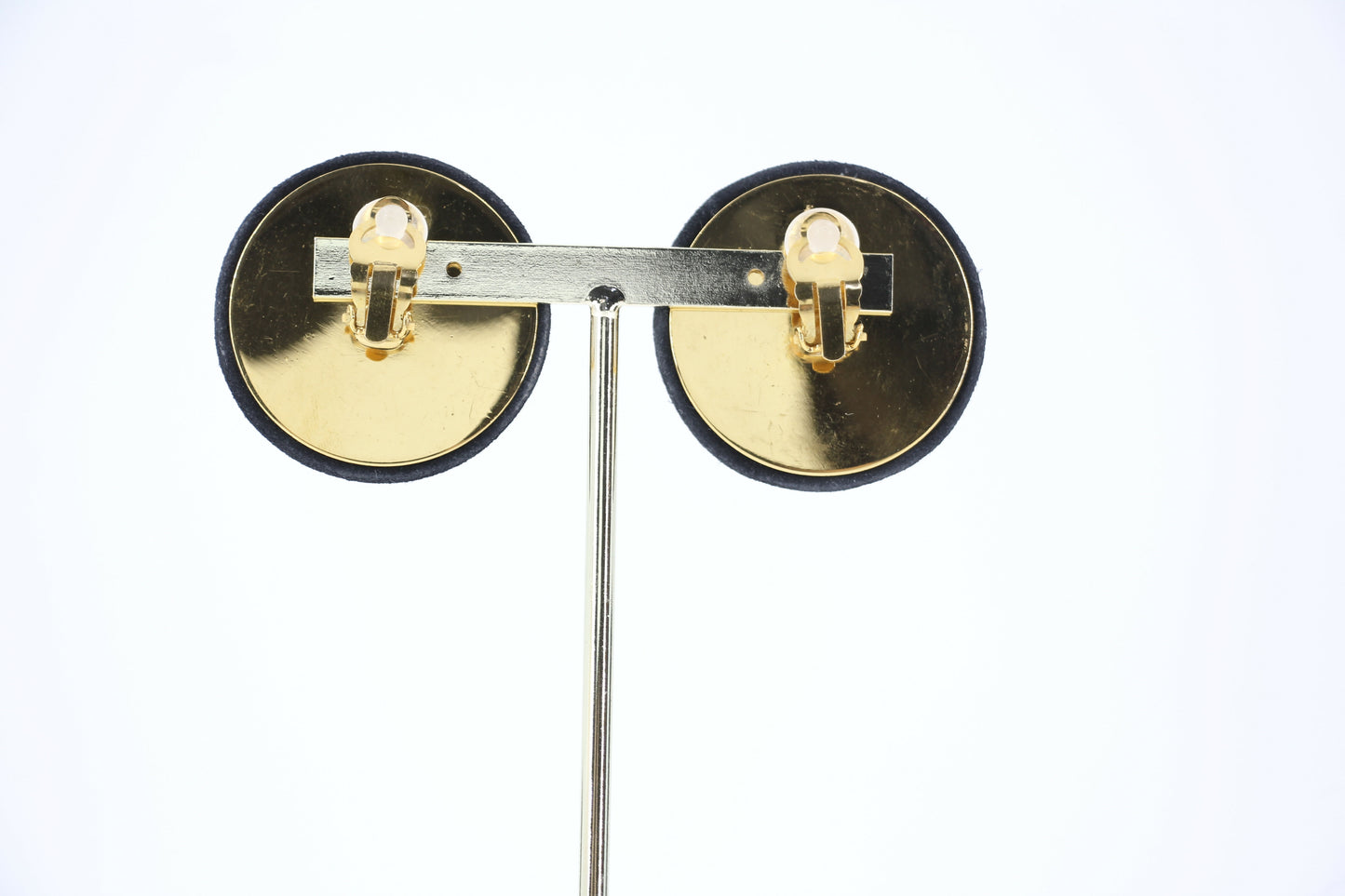 Chanel Vintage 91-92 Velvet Gold Plated Cross Large Round Black Earrings