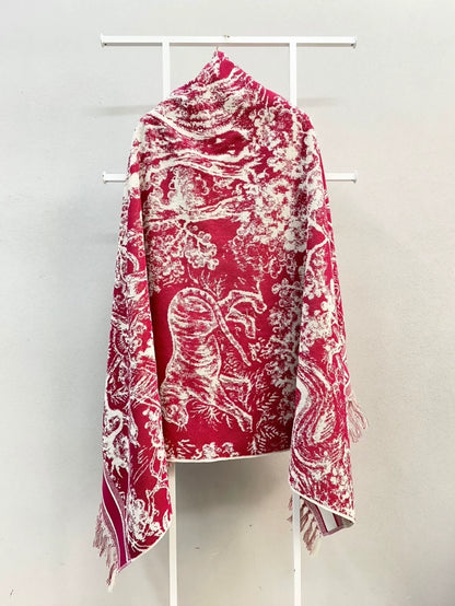 Dior Christmas Red Zoo Pink and White Classic Embroidered Tassel Shawl
