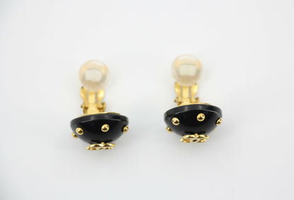 Chanel Vintage 96C Resin Black and Gold Polka Dot Clip-on Earrings