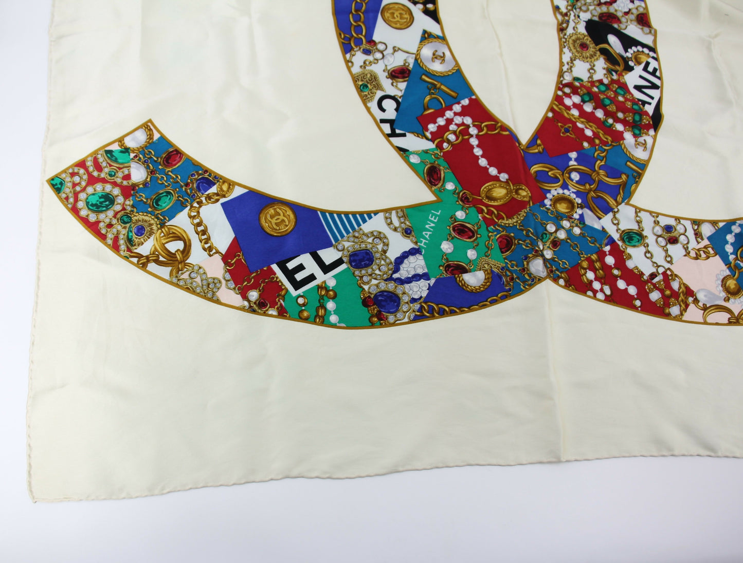 Chanel 100% Silk Beige Jewelry Pattern Scarf