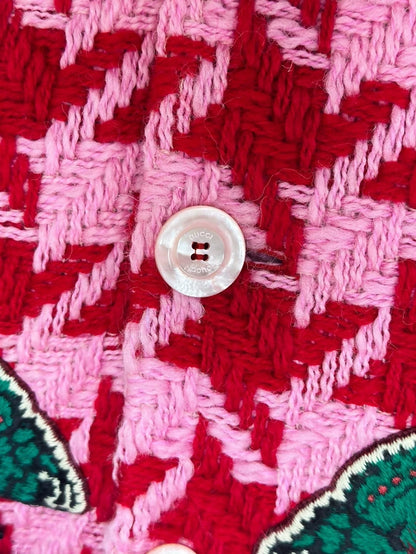 Gucci coat in pink houndstooth fabric with purple fur collar