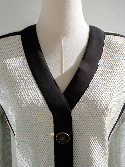 Chanel Vintage S:S 1991 Collector White Black Sequin CC Scuba Jacket 6