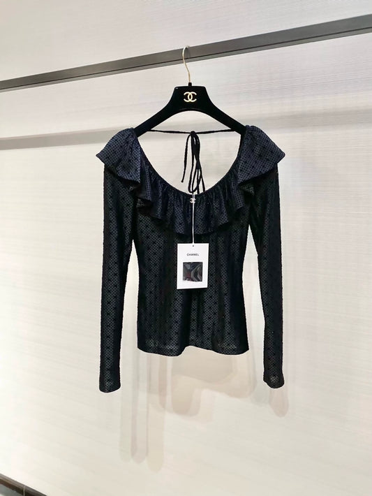 Chanel 24B black top with ruffles