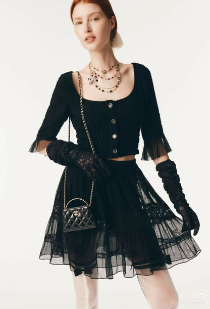 Chanel 25B Black Knit Lace Top Shirt Size 36