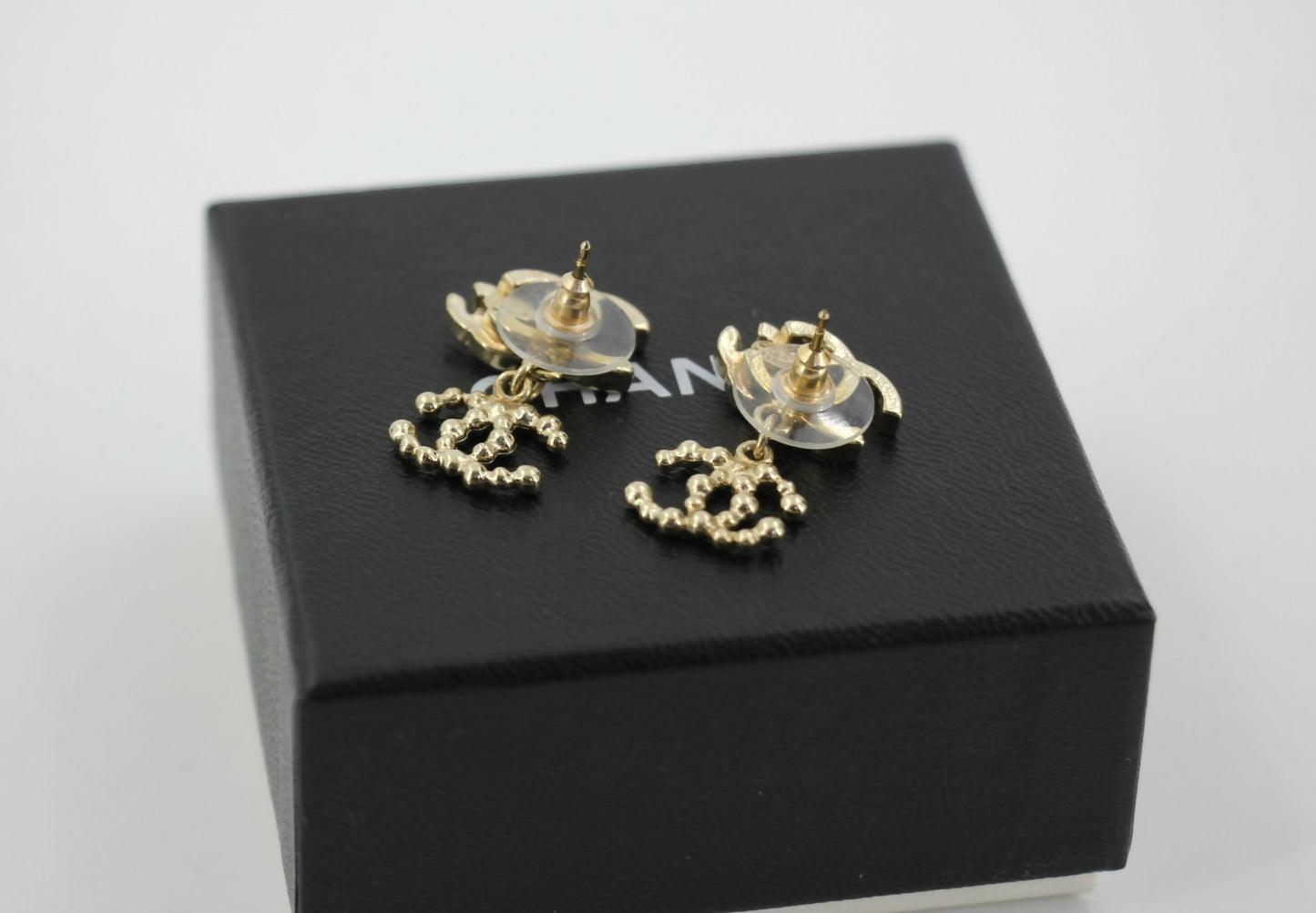 Chanel Vintage 10A Rhinestone Metal Triple CC Stud Earrings