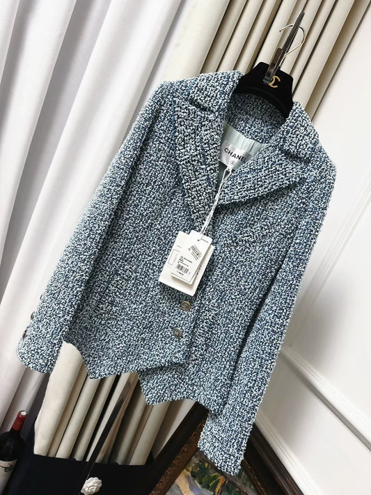 Chanel 20p shimmering blue denim tweed jacket