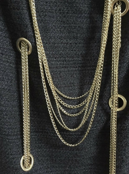 CHANEL 08P RUNWAY BLACK TWEED DRESS GOLD CC LOGO CHAINS FR 50