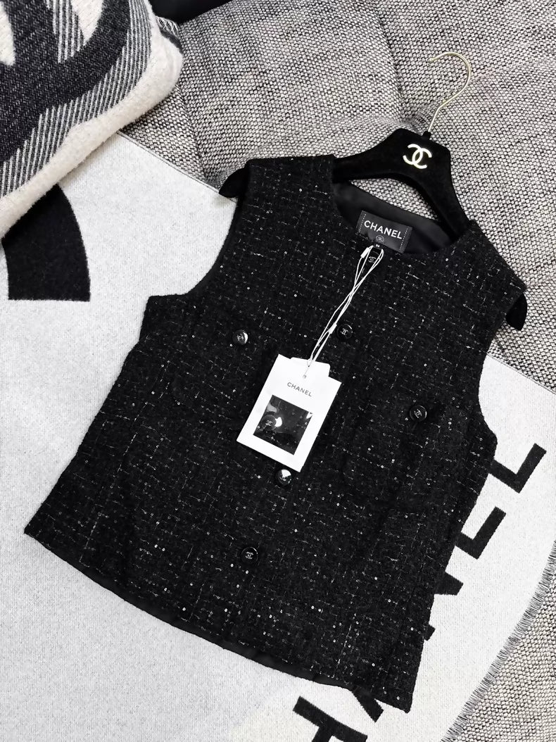 Chanel 24B black tweed vest with fine embroidery and sequins