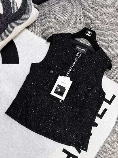 Chanel 24B black tweed vest with fine embroidery and sequins