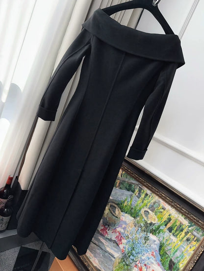 Dior classic black wool off shoulder long dress  Wararni.com