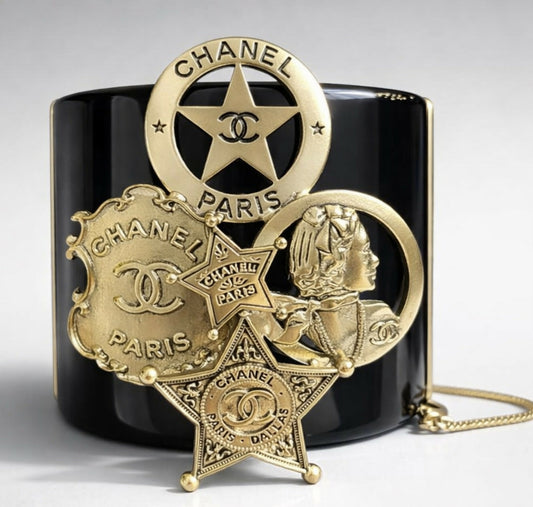 Rare Chanel 14A Paris Dallas Black Gold Wide Statement Cuff Bracelet