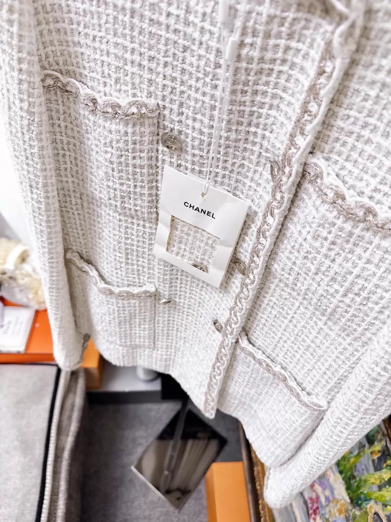 Chanel 25C white coat with gold thread trim