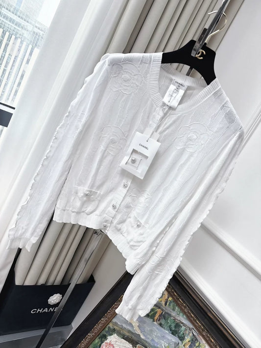 Chanel 23s White Camellia Knit Cardigan