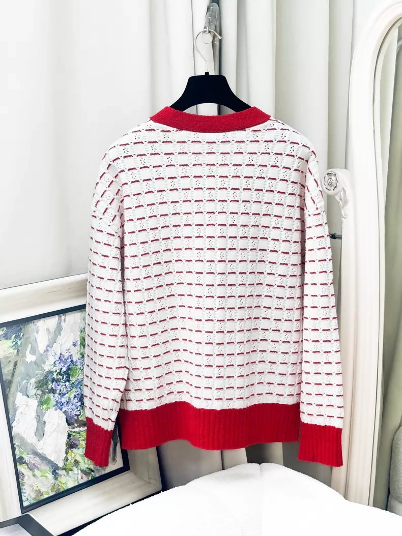 Chanel 23C Red and White Striped V-Neck Knit Cardigan