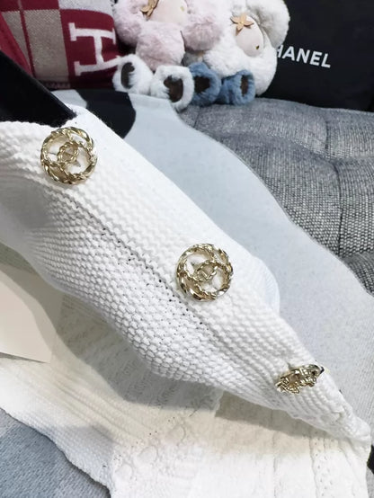Chanel 20P White Double C Jacquard Knit Off-Shoulder Top