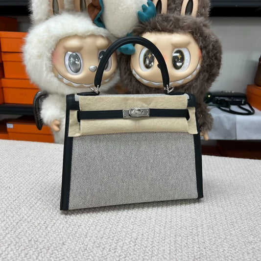 Hermès Kelly 25 black swift leather & grey Canvas palladium hardware